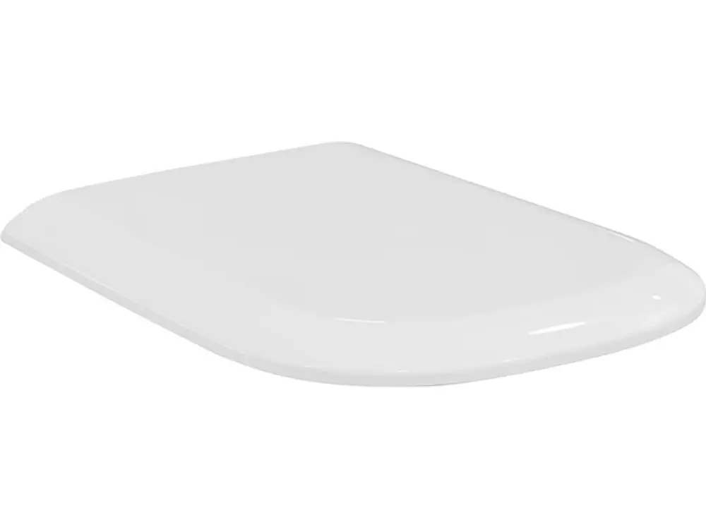 Weißer WC-Sitz von Ideal Standard mit flacher Oberfläche und Softclose-Funktion. Der Sitz hat eine geschwungene Form und ist für eine komfortable Nutzung gestaltet.